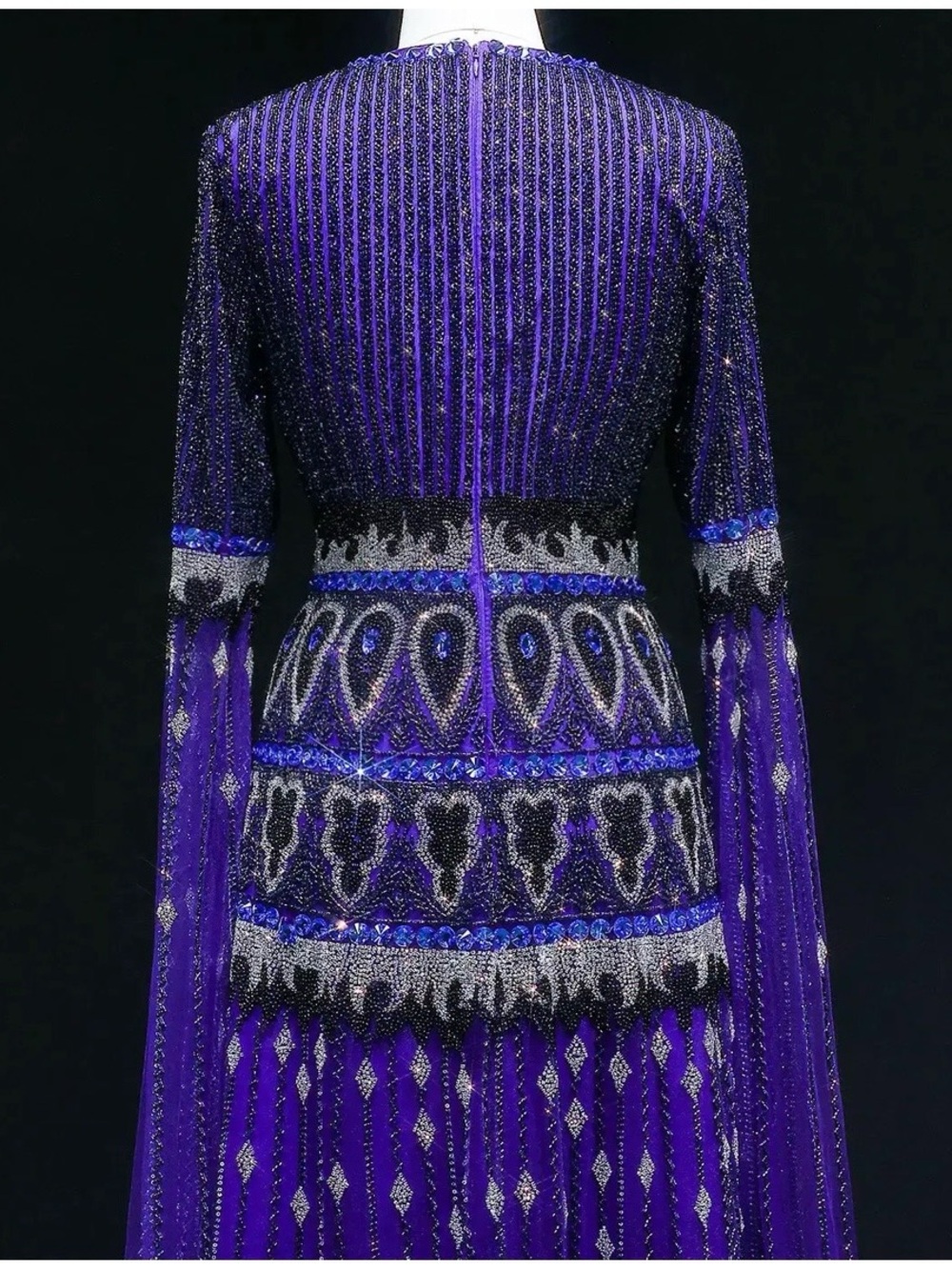 Embellished Purple Long-Sleeve Beaded Evening Dress